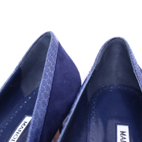 MANOLO BLAHNIK Monda Snake and Suede Pumps Navy Pointed Toe Heel Women's 38 - Picture 5 of 11